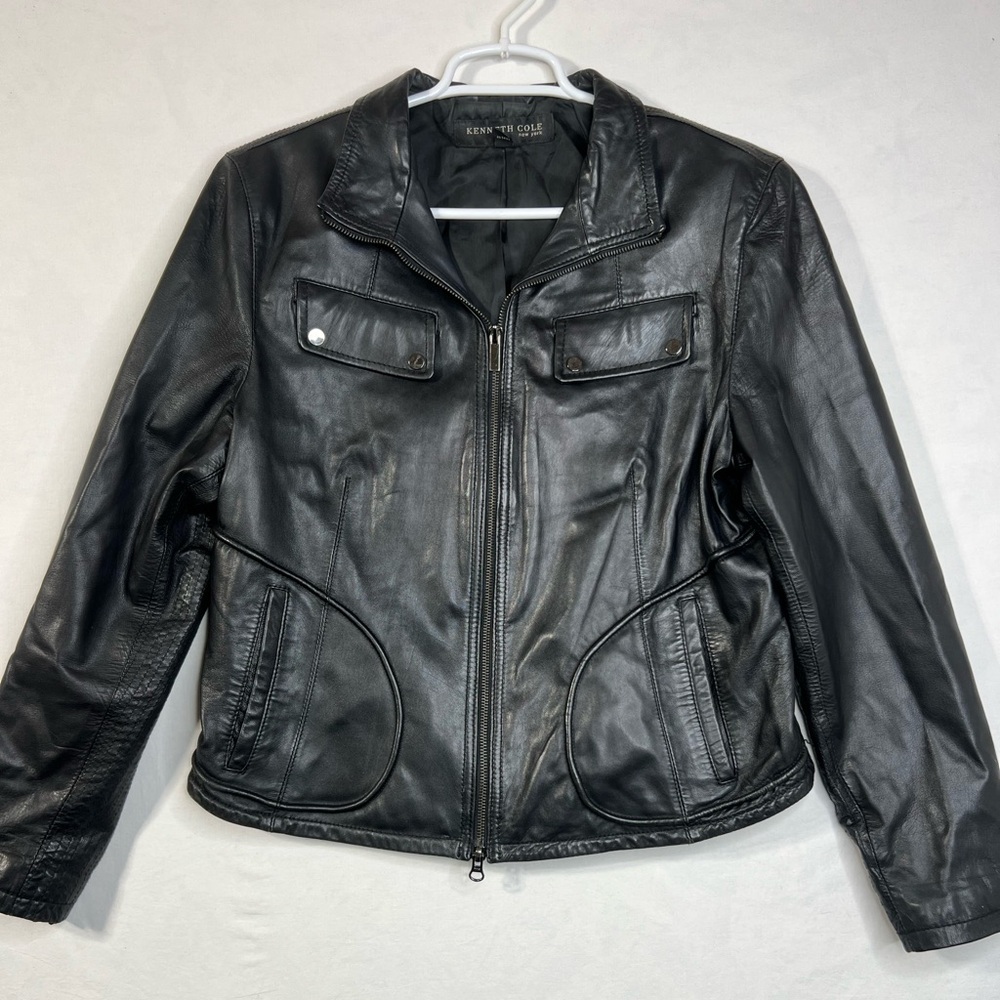 Kenneth Cole New York Womens Black Leather Jacket Coat Biker Full Zip Motorcycle